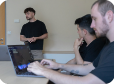 ‘In-office’ picture: Gergo Mezes, the founder of Once Advertisements, holding a meeting in a conference room for two of the Once Advertisements employees, Krisztian Mezei and Matyas Laneury.
