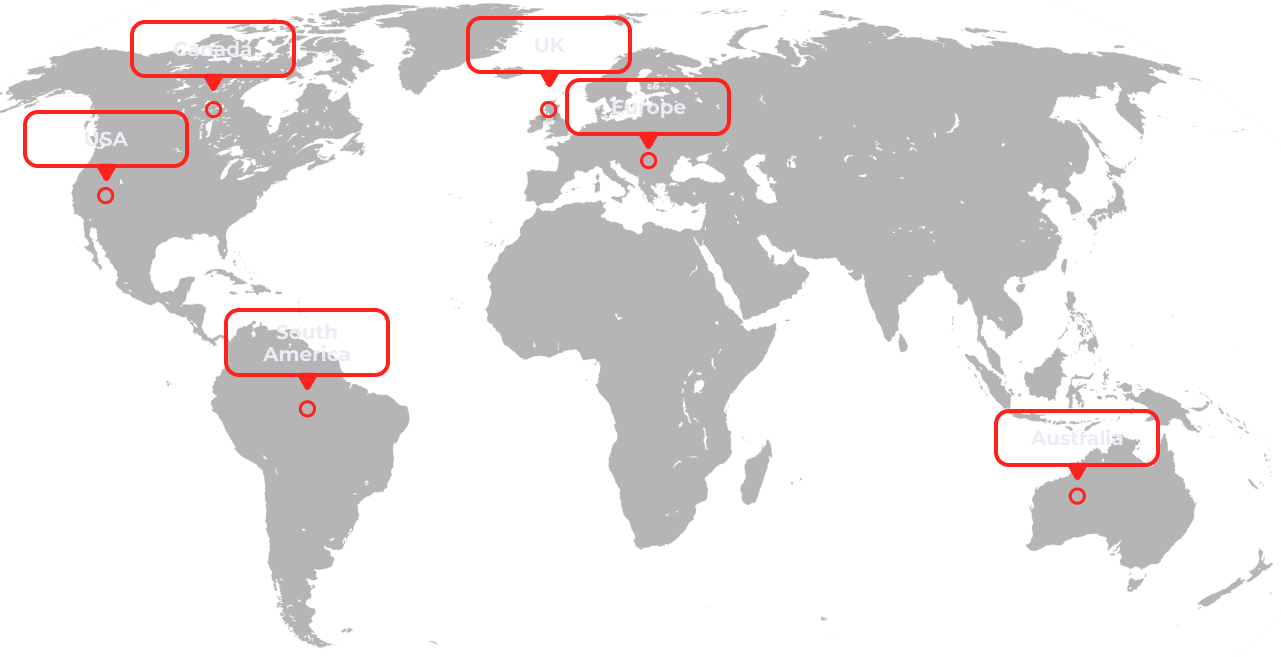 A word map, picturing every continent, and country, from which the UK, South America, the USA, Canada, and Europe are highlighted with red marks.