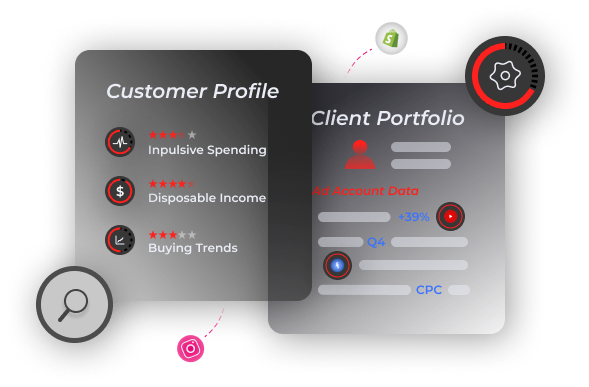 Two charts illustrating an average customer profile and a client portfolio, evaluated on ‘impulsive spending’, ‘disposable income’ and ‘buying trends’, and ‘ad account data’.